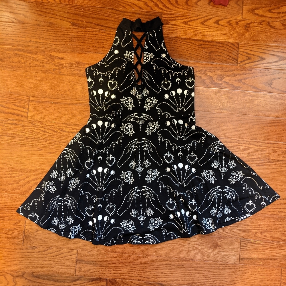 Too Fast Clothing Black Gothic Bat and Moons Halter Neck Mini Dress Size M